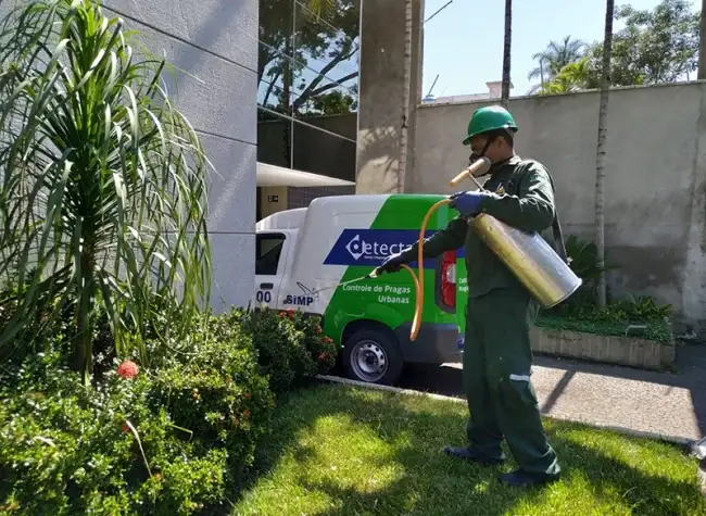 Técnico da Detecta pulverizando a área externa de um imóvel
