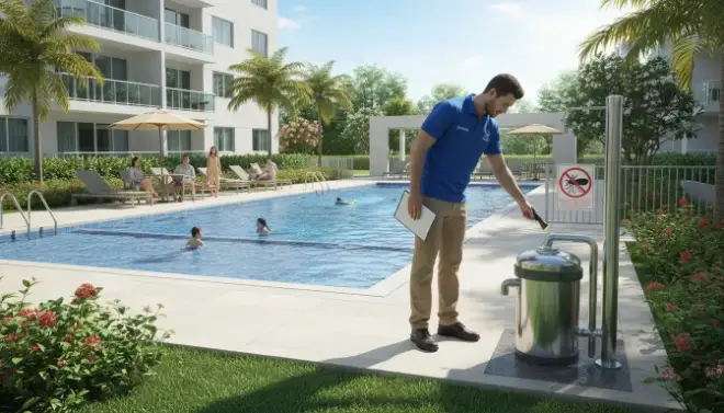 Profissional da Detecta inspecionando área da piscina de condomínio contra o Aedes aegypti.
