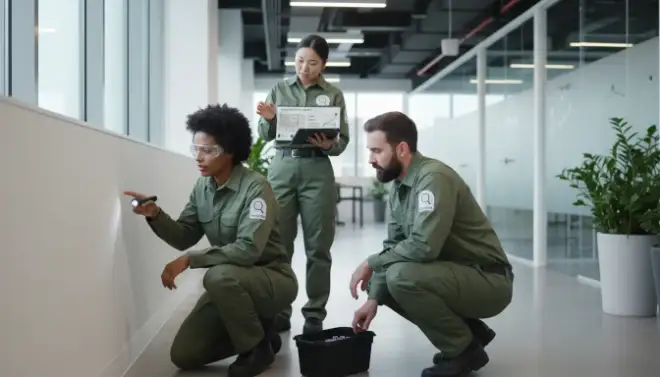 Equipe da Detecta fazendo inspeção em edifício como parte do controle integrado de pragas.