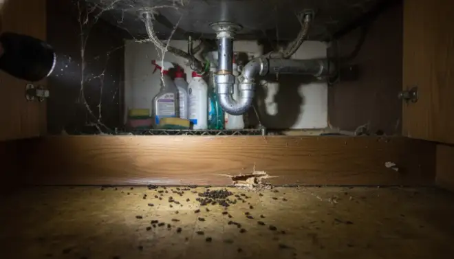 Roedores escondidos na cozinha, um dos sinais de infestação que costumam passar despercebidos.