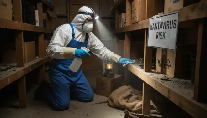 Pessoa usando EPIs para limpar local com sinais de roedores e evitar contaminação por hantavírus.