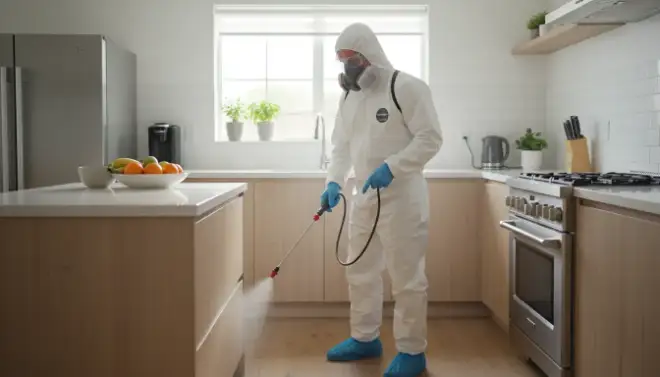 Técnico aplicando produto contra baratas em uma cozinha durante dedetização segura.
