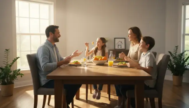 Família jantando tranquila em casa após dedetização segura contra baratas.