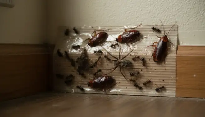 Armadilha adesiva com insetos capturados, recurso usado no monitoramento do controle de pragas.
